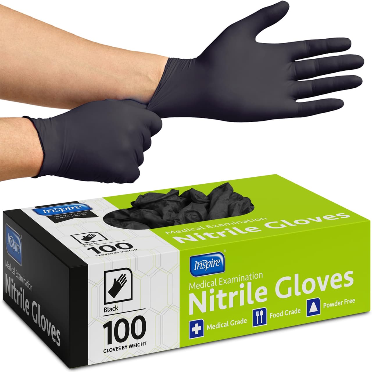 Inspire Black Nitrile Disposable Gloves | 4.5 Nitrile Disposable Safety Medical Cleaning Gloves (Black - Box Of 100, Large)