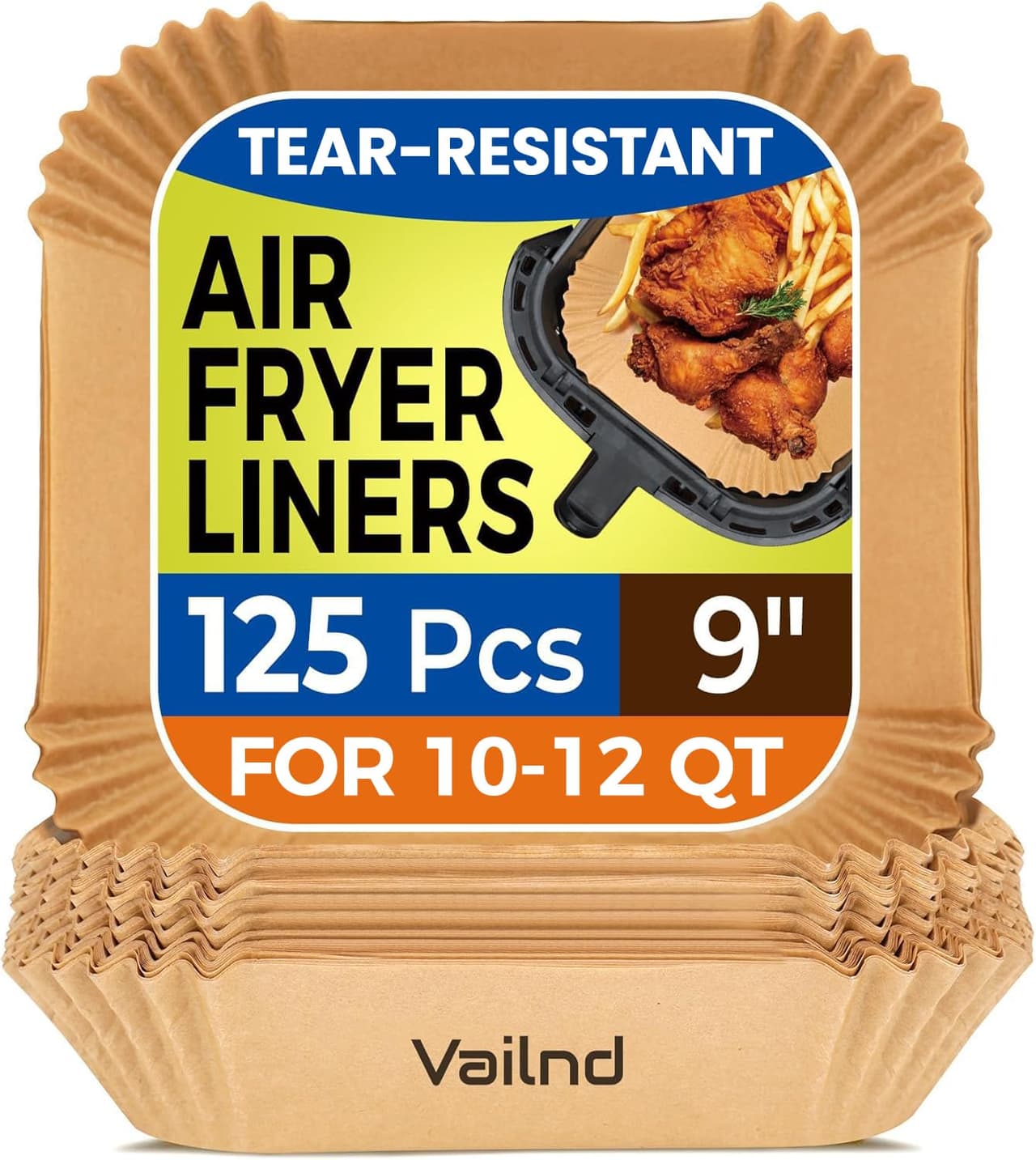 Vailnd 125PCS 9inch Square Air Fryer Disposable Liners for 10-12 QT