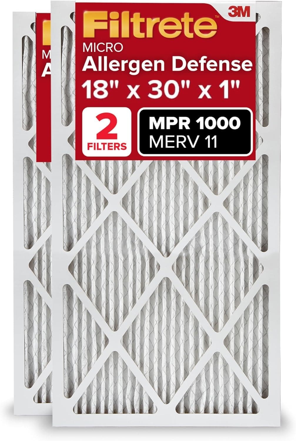 Filtrete 18x30x1 AC Furnace Air Filter, MERV 11, MPR 1000, Micro Allergen Defense, 3-Month Pleated 1-Inch Electrostatic Air Cleaning Filter, 2 Pack (Actual Size 17.81 x 29.81 x 0.81 in)