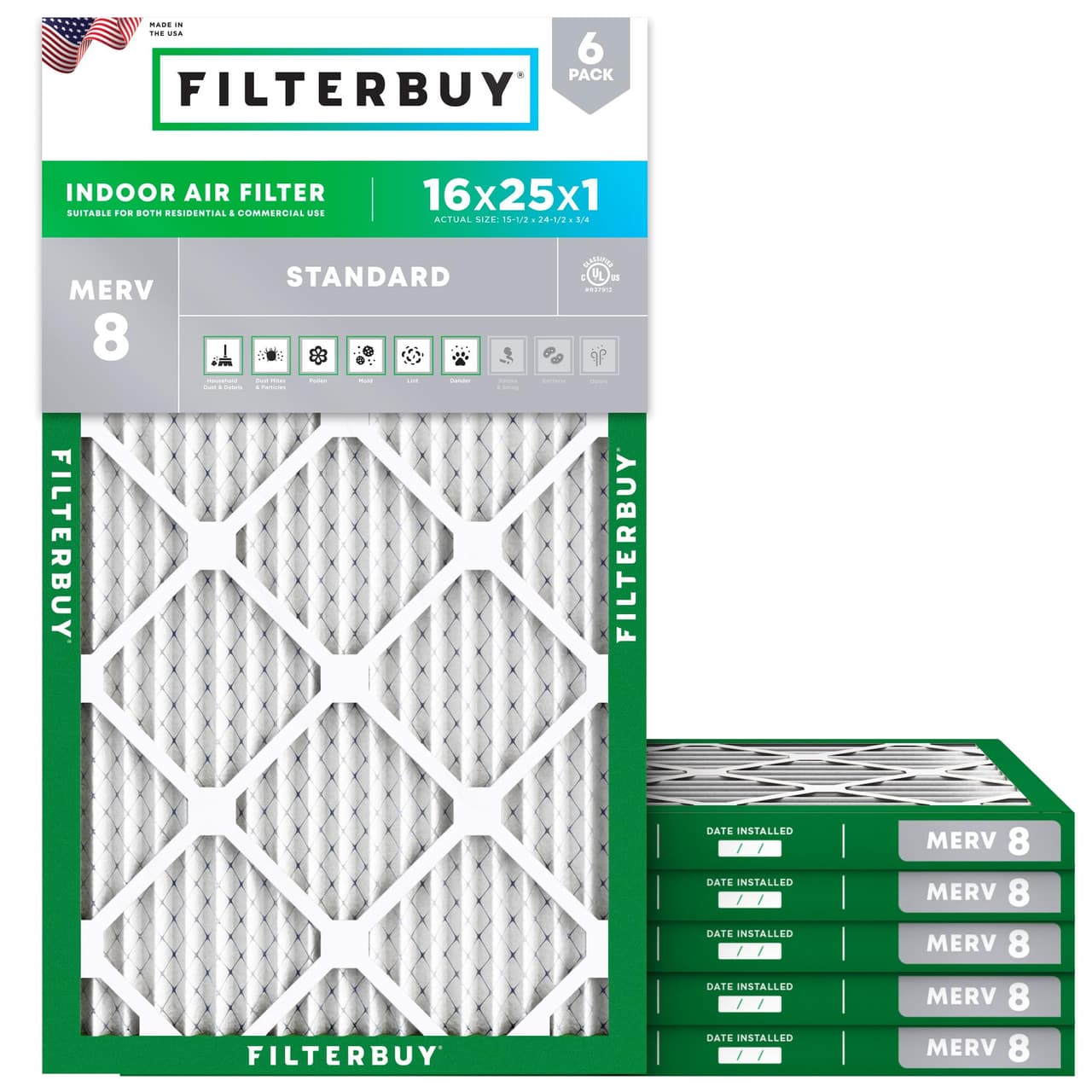 Filterbuy 16x25x1 Air Filter MERV 8 Dust & Allergy Defense (6-Pack)