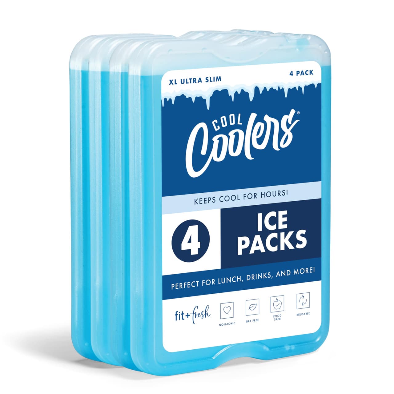Fit + Fresh XL Cooler Freezer Slim Ice Pack for Lunch Box, Cooler, Beach Bags and Picnic Baskets, Multi-Colour, Pack of 4